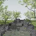 Scenic Park Landscape With Stone Pathway Large Rocks Illuminated Lanterns Green Trees And People Walking