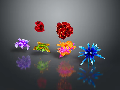 Multiple Colorful Abstract Flower Sculptures On Black Background With Clear Reflections 3d model