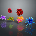 Multiple Colorful Abstract Flower Sculptures On Black Background With Clear Reflections