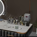 Perfume Cosmetics Organizer On Vanity Table With Skincare Bottles And Makeup Brushes
