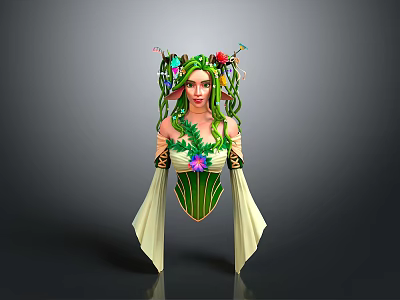 Magical Female Character With Vine Hair Flower Headdress Green Plant Costume And Flowy Sleeves 3d model