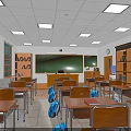 Classroom Interior Featuring Desks Chairs Green Blackboard Bookshelves Blue Backpacks Windows And Ceiling Lights
