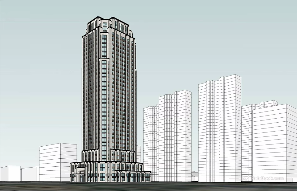 Tall Modern Office Building With Classical Top Design Surrounded By Urban High Rise Structures 3d model 