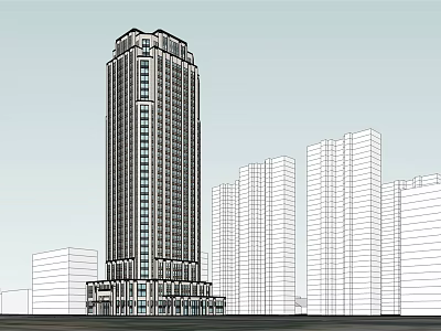Tall Modern Office Building With Classical Top Design Surrounded By Urban High Rise Structures 3d model