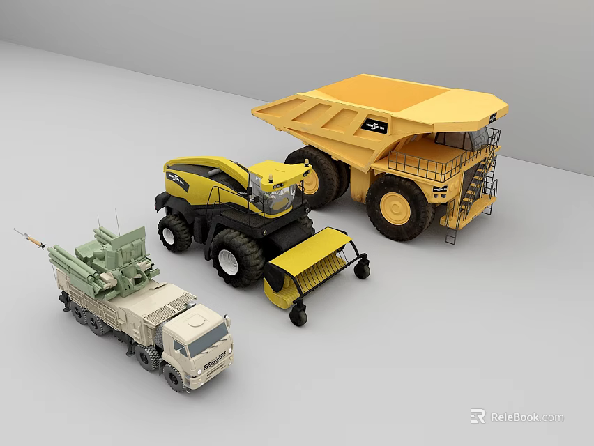 Yellow Green Vehicle Models Featuring Dump Truck Combine Harvester And Military Truck 3d model 