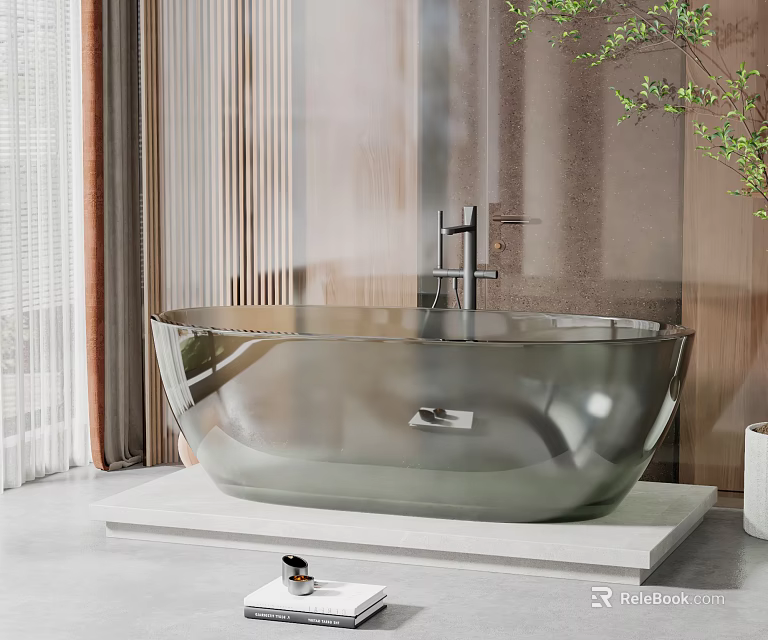 Modern Freestanding Bathtub With Glossy Finish On White Platform Interior With Plants And Curtains 3d model 