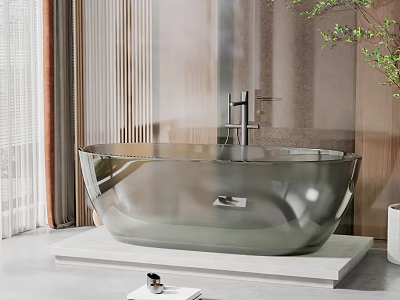 Modern Freestanding Bathtub With Glossy Finish On White Platform Interior With Plants And Curtains 3d model