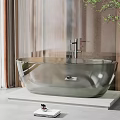 Modern Freestanding Bathtub With Glossy Finish On White Platform Interior With Plants And Curtains