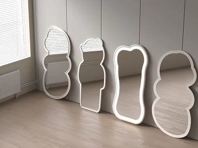 Various Shaped Decorative Mirrors With White Border In Modern Room Interior 3d model