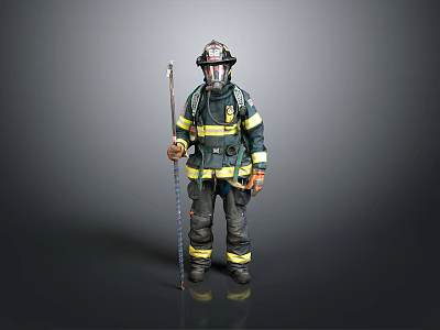 Man in Firefighter Uniform With Helmet Holding Rescue Tool in Standing Pose 3d model