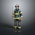 Man in Firefighter Uniform With Helmet Holding Rescue Tool in Standing Pose