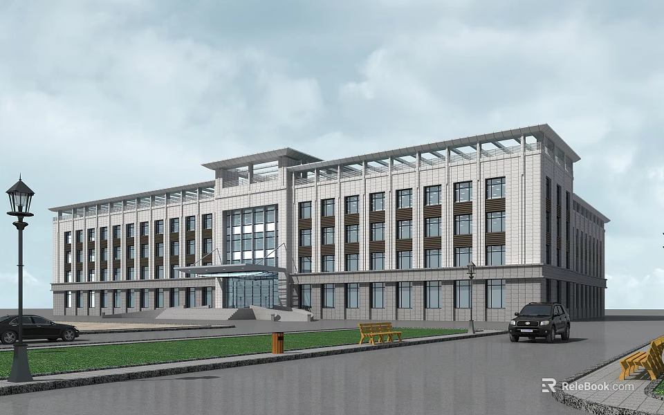 Modern Multi Story Office Building Exterior With Glass Windows Stone Facade And Lawn 3d model 