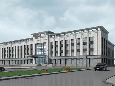 Modern Multi Story Office Building Exterior With Glass Windows Stone Facade And Lawn 3d model
