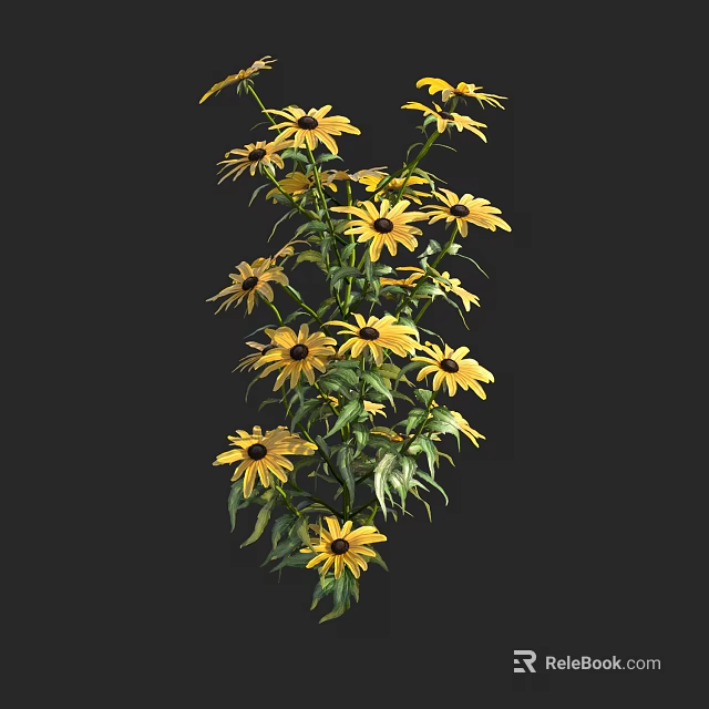 Vibrant Yellow Flowers with Green Leaves and Black Centers Growing Naturally 3d model 