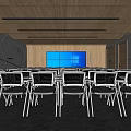 Modern Conference Room With Arranged Chairs Large Screen And Wooden Walls