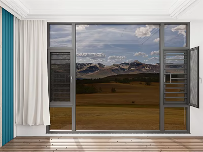 Floor to Ceiling Windows Open With White Curtains and Mountain View Grassland Wooden Floor 3d model