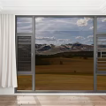 Floor to Ceiling Windows Open With White Curtains and Mountain View Grassland Wooden Floor