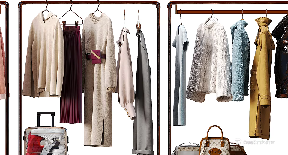 Fashionable Clothes Display On Hanging Racks With Luggage And Bags 3d model 