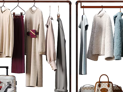 Fashionable Clothes Display On Hanging Racks With Luggage And Bags 3d model