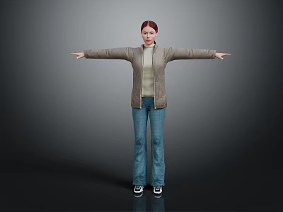Woman With Red Hair Brown Coat Blue Plaid Pants Arms Outstretched On Gray Gradient Background 3d model