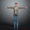 Woman With Red Hair Brown Coat Blue Plaid Pants Arms Outstretched On Gray Gradient Background