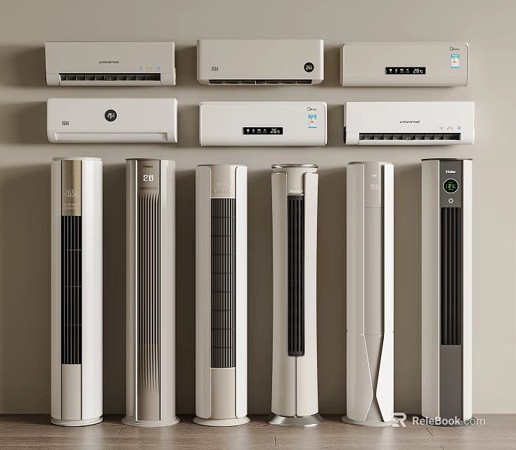 Modern White Air Conditioners And Fans Wall Mounted And Standing Home Cooling Appliances Design 3d model 