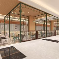 Modern Restaurant Dining Area With Wooden Ceiling Pendant Lights Tables And Colorful Chairs