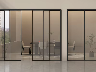 Modern Black Framed Glass Sliding Doors For Dining Area Interior With Table And Chairs 3d model
