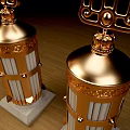 Two Piece Decorative Ornament Set with Intricate Brass Top and White Marble Base on Wooden Table