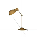 Brass Table Lamp With Adjustable Arm And Round Base On Dark Wooden Table Textured Wall