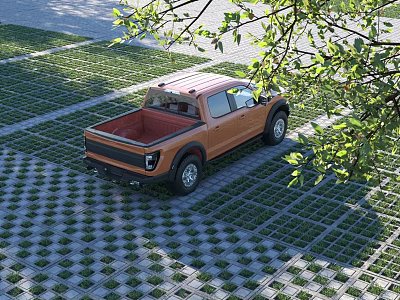 Orange Pickup Truck Parked On Grass Paved Area Near Trees 3d model