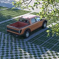 Orange Pickup Truck Parked On Grass Paved Area Near Trees