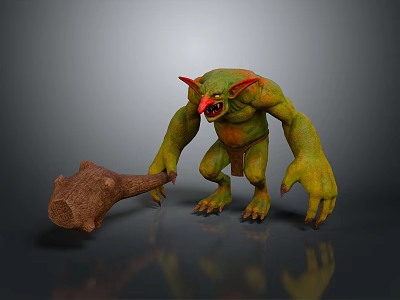 Green Skinned Fantasy Creature Character With Red Horns And Wooden Club 3d model
