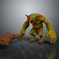 Green Skinned Fantasy Creature Character With Red Horns And Wooden Club