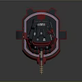 Red Mechanical Device Featuring Cannon Barrel Black Stripes And Blue Accent Lines