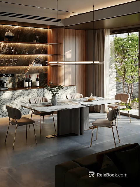 Sunlit Modern Luxury Restaurant With Marble Dining Table Elegant Chairs And Built In Wine Cabinet 3d model 