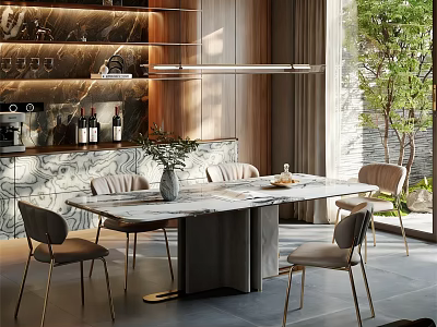 Sunlit Modern Luxury Restaurant With Marble Dining Table Elegant Chairs And Built In Wine Cabinet 3d model