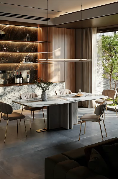 Sunlit Modern Luxury Restaurant With Marble Dining Table Elegant Chairs And Built In Wine Cabinet 3d model