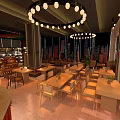 Modern Bar Interior With Chandelier Lighting Wooden Counter Tables Chairs And Green Plant