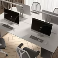 Modern Office Desk With Multiple Computer Monitors And Ergonomic Chairs For Productive Workspace