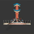 Red And Blue Tower Shaped Building With Circular Platform Railings And People