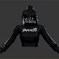 Black Cropped Hoodie With White Graphics And Checkered Sleeves For Casual Wear