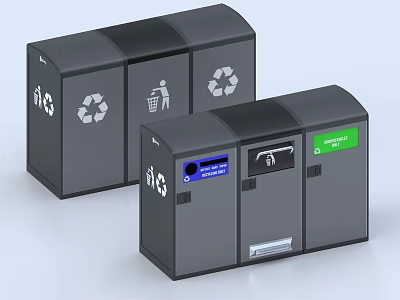 Public Facility Waste Sorting Recycling Bins with Recycle Symbols Colored Labels and Gray Design 3d model