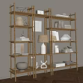 Multi Tiered Golden Bamboo Etagere with Vases Books Picture Frames Lamp and Plates