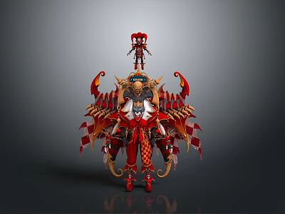 Fantasy Character Design With Red Black Armor Winged Jester Elements And Detailed Decorations 3d model