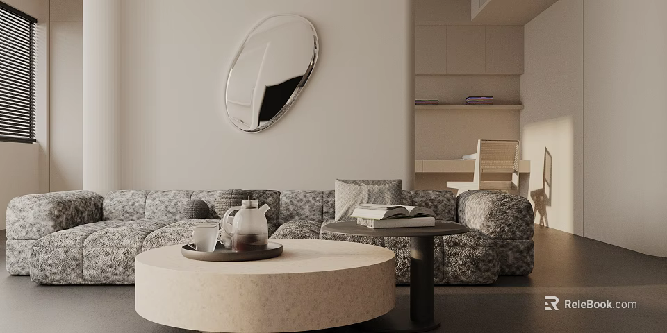 Multi Person Sofa In Modern Living Room With Round Coffee Table Tea Set And Book 3d model 