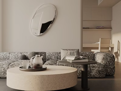 Multi Person Sofa In Modern Living Room With Round Coffee Table Tea Set And Book 3d model