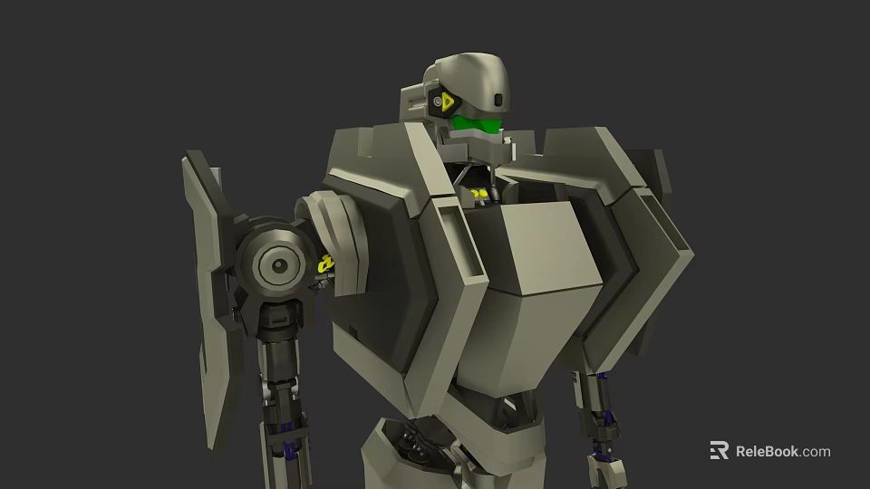 Gray Mechanical Car Robot With Green Eyes And Yellow Joint Components 3d model 