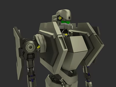Gray Mechanical Car Robot With Green Eyes And Yellow Joint Components 3d model