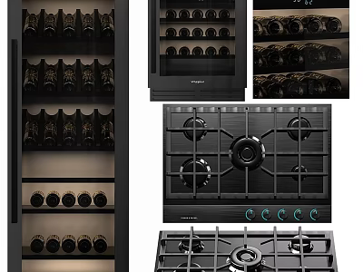 Modern Kitchen Appliances With Multi tiered Wine Rack And Black Gas Cooktop 3d model
